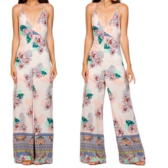 Ark & Co Abstract Tropical Floral Print Lace Up Back Crepe Jumpsuit Sz S - Picture 15 of 15